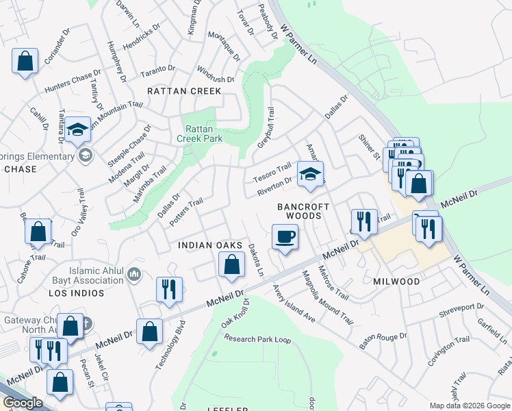 map of restaurants, bars, coffee shops, grocery stores, and more near 7012 Bancroft Woods Drive in Austin