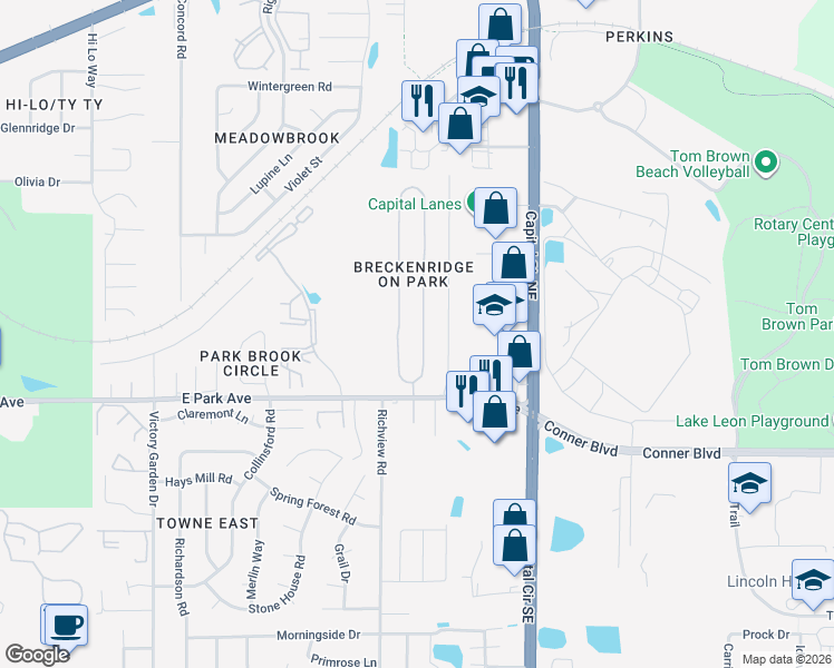 map of restaurants, bars, coffee shops, grocery stores, and more near 345 Whetherbine Way West in Tallahassee