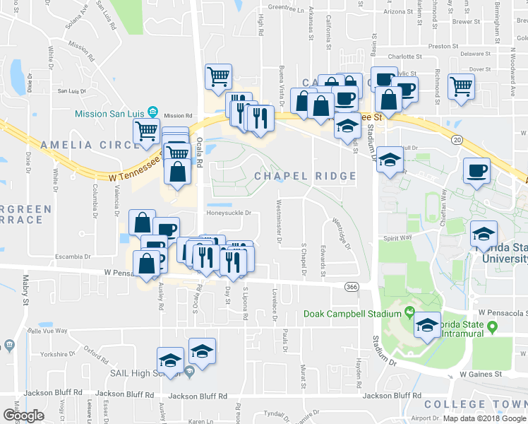 map of restaurants, bars, coffee shops, grocery stores, and more near 223 North Lipona Road in Tallahassee