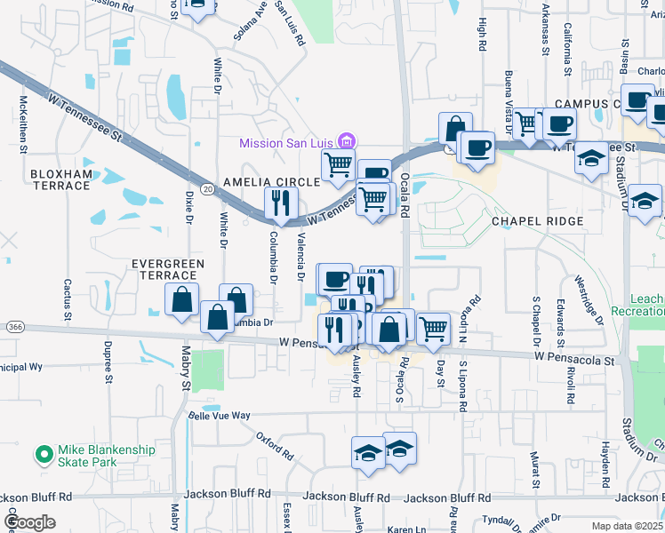 map of restaurants, bars, coffee shops, grocery stores, and more near 211 Valencia Drive in Tallahassee