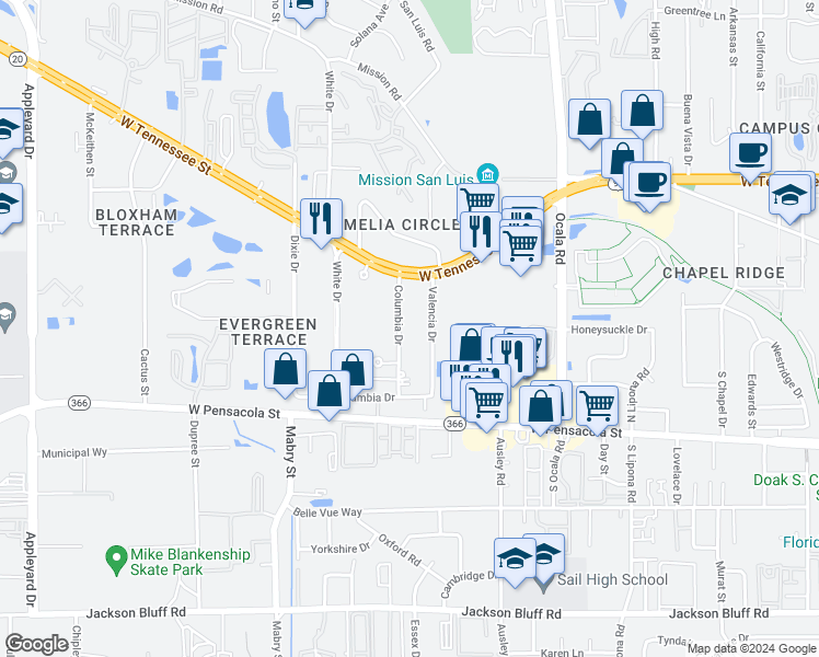 map of restaurants, bars, coffee shops, grocery stores, and more near 214 Valencia Drive in Tallahassee