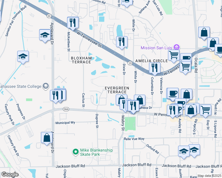 map of restaurants, bars, coffee shops, grocery stores, and more near 18 Pintail Lane in Tallahassee