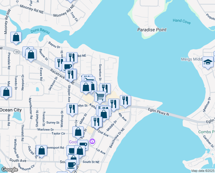 map of restaurants, bars, coffee shops, grocery stores, and more near 115 Beach Drive in Fort Walton Beach