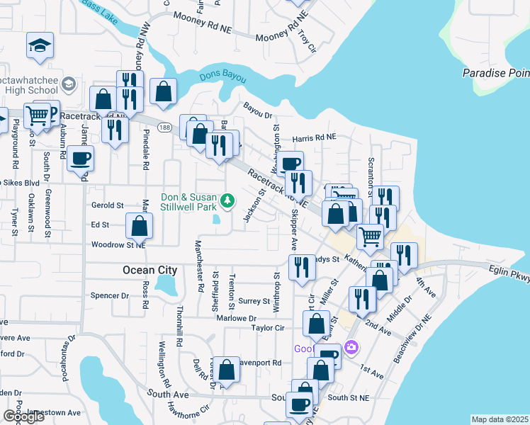 map of restaurants, bars, coffee shops, grocery stores, and more near 21 Julie Street in Fort Walton Beach