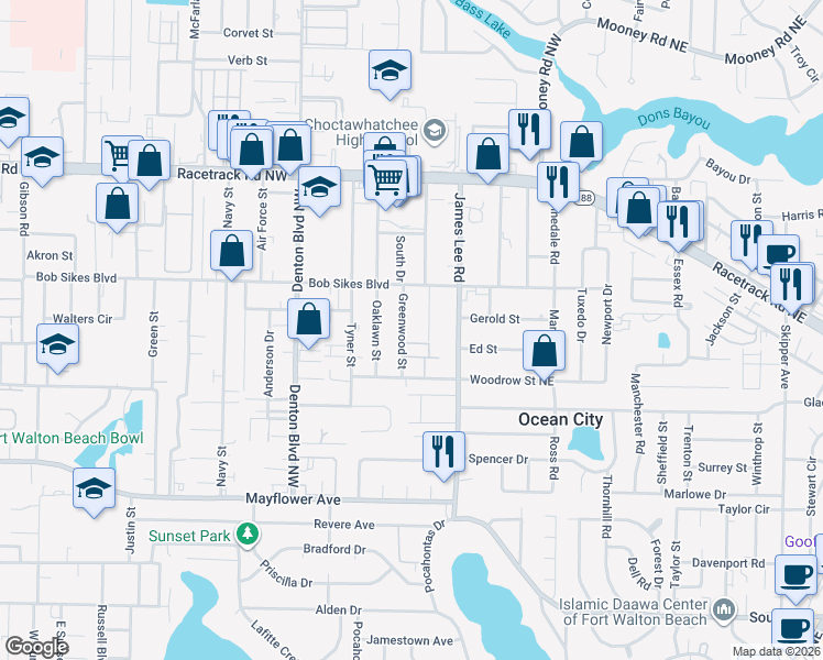 map of restaurants, bars, coffee shops, grocery stores, and more near 716 Rosemont Street in Fort Walton Beach