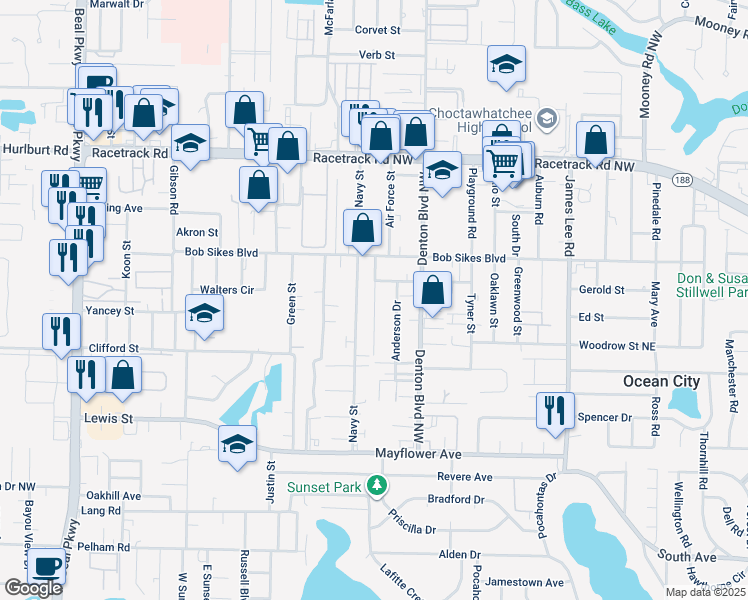 map of restaurants, bars, coffee shops, grocery stores, and more near 785 Navy Street in Fort Walton Beach