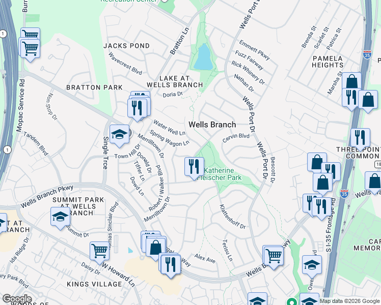 map of restaurants, bars, coffee shops, grocery stores, and more near 2204 Maple Hollow Trail in Austin