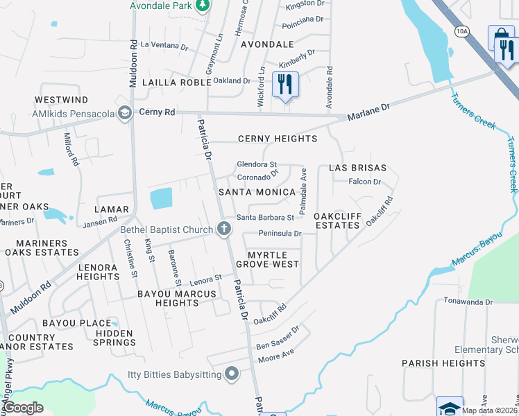 map of restaurants, bars, coffee shops, grocery stores, and more near 7113 Redondo Drive in Pensacola