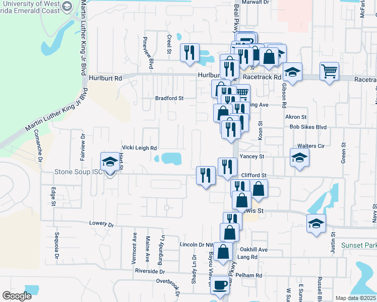 map of restaurants, bars, coffee shops, grocery stores, and more near 989 Claeven Circle in Fort Walton Beach