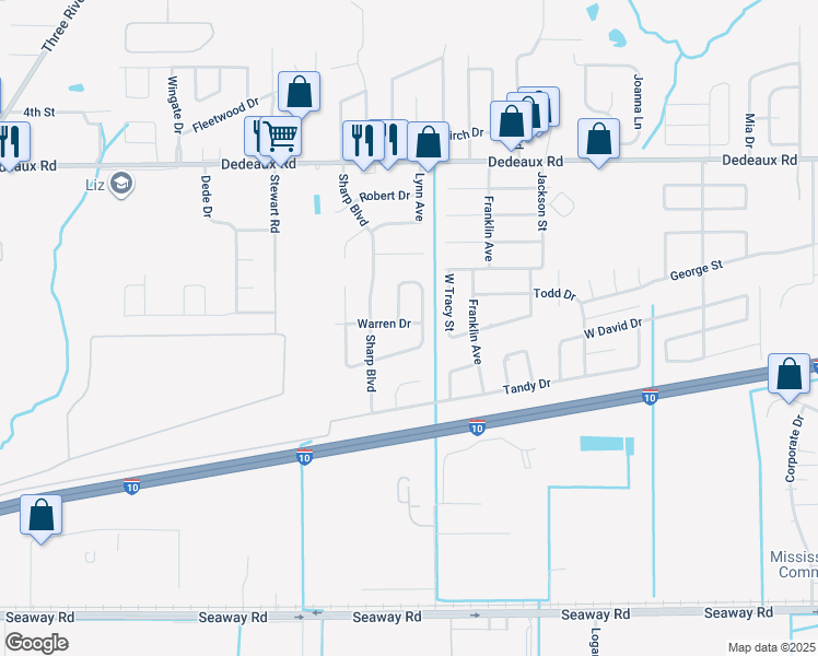 map of restaurants, bars, coffee shops, grocery stores, and more near 13169 Warren Drive in Gulfport