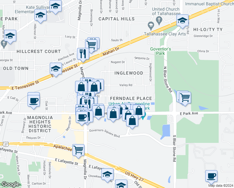map of restaurants, bars, coffee shops, grocery stores, and more near 1528 Belmont Trce in Tallahassee