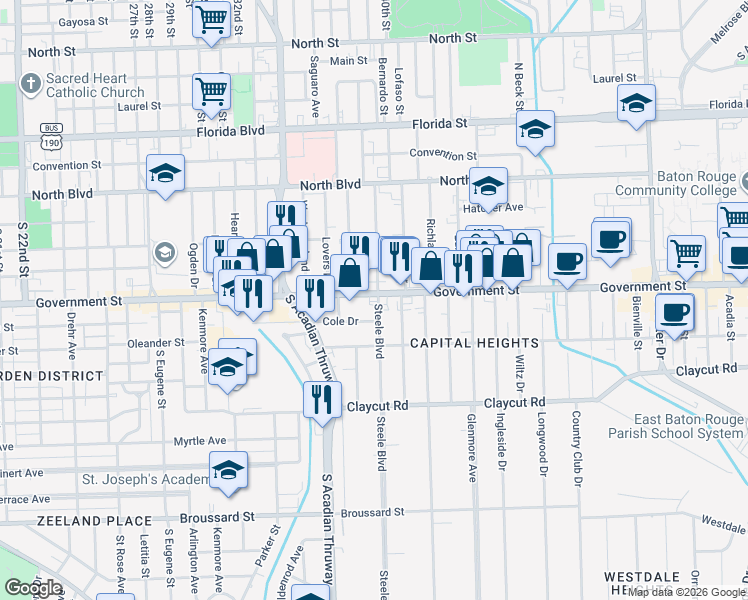 map of restaurants, bars, coffee shops, grocery stores, and more near 3808 Government Street in Baton Rouge