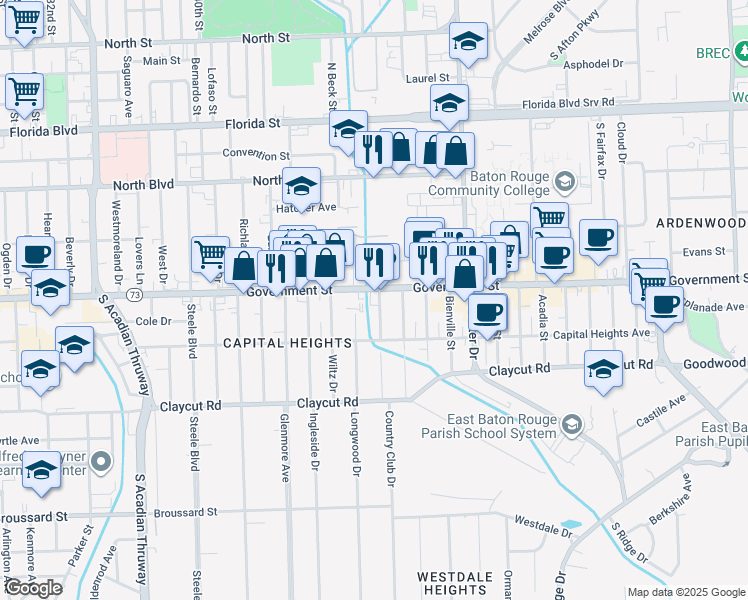 map of restaurants, bars, coffee shops, grocery stores, and more near 4556 Government Street in Baton Rouge