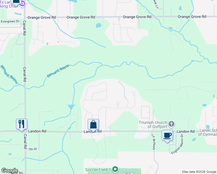 map of restaurants, bars, coffee shops, grocery stores, and more near 11092-11098 Dillard Road in Gulfport