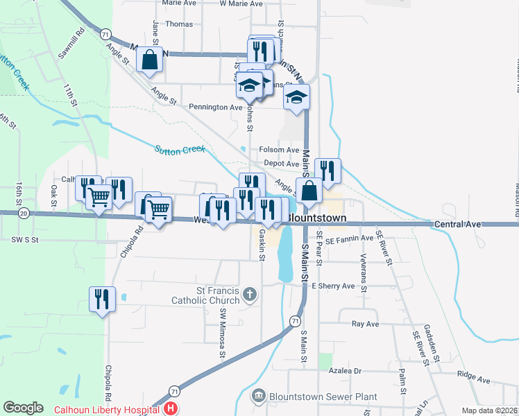 map of restaurants, bars, coffee shops, grocery stores, and more near 300-320 Walnut St in Blountstown