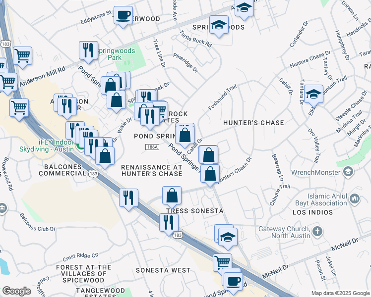 map of restaurants, bars, coffee shops, grocery stores, and more near 13125 Pond Springs Road in Austin