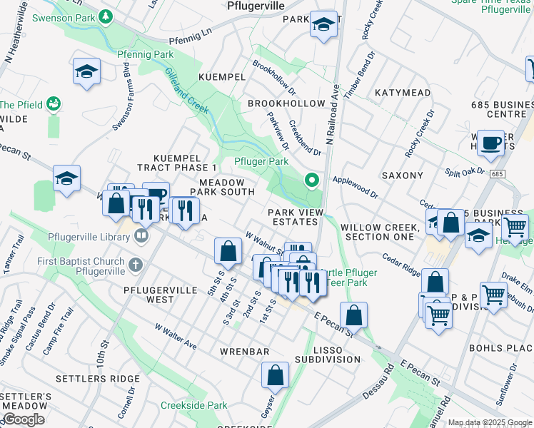map of restaurants, bars, coffee shops, grocery stores, and more near 405 Sophie Court in Pflugerville