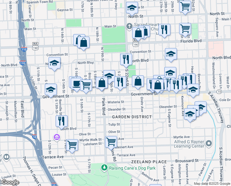 map of restaurants, bars, coffee shops, grocery stores, and more near 2031 Government Street in Baton Rouge