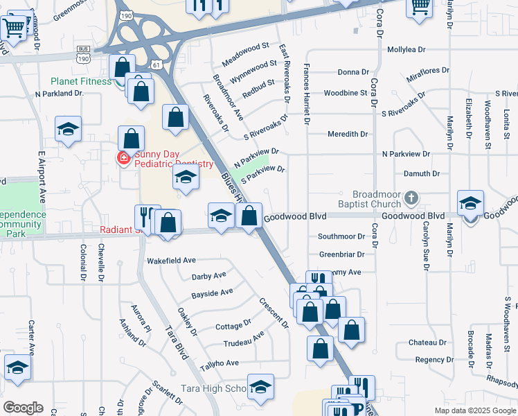 map of restaurants, bars, coffee shops, grocery stores, and more near 9065 Airline Highway in Baton Rouge
