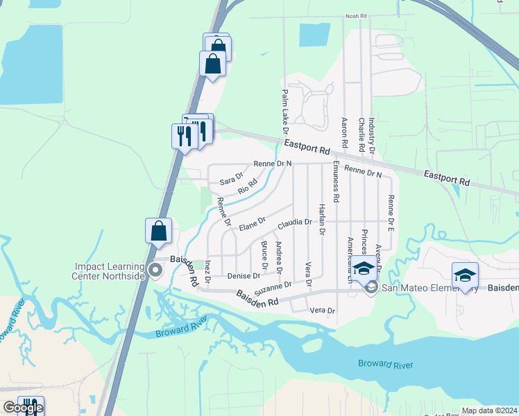 map of restaurants, bars, coffee shops, grocery stores, and more near 11505 Inez Drive in Jacksonville