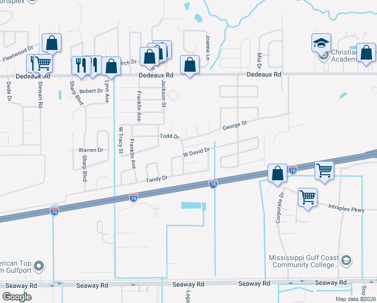 map of restaurants, bars, coffee shops, grocery stores, and more near 2533 West David Drive in Gulfport