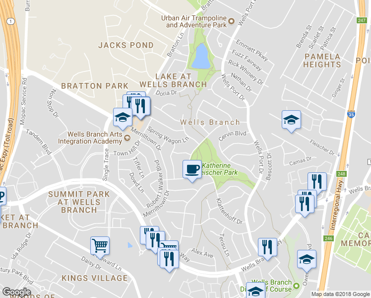 map of restaurants, bars, coffee shops, grocery stores, and more near 2204 Maple Hollow Trail in Austin