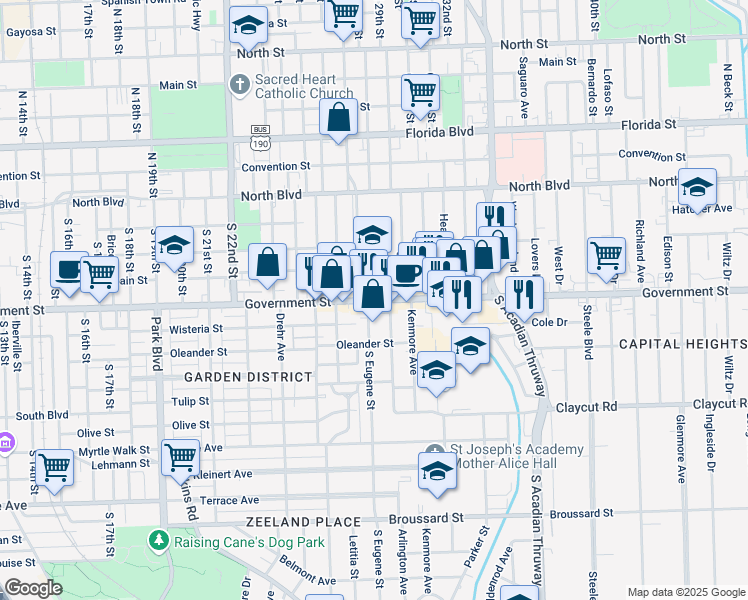 map of restaurants, bars, coffee shops, grocery stores, and more near 2825 Government Street in Baton Rouge