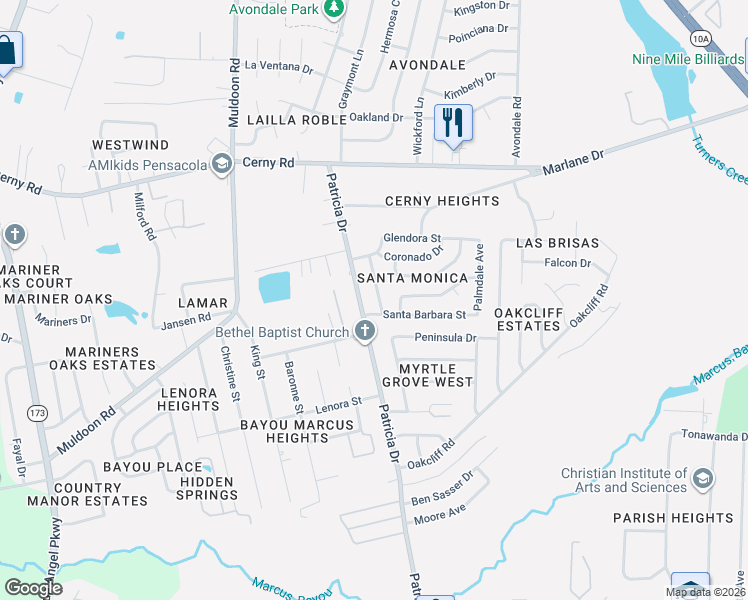 map of restaurants, bars, coffee shops, grocery stores, and more near 3219 Fresno Avenue in Pensacola