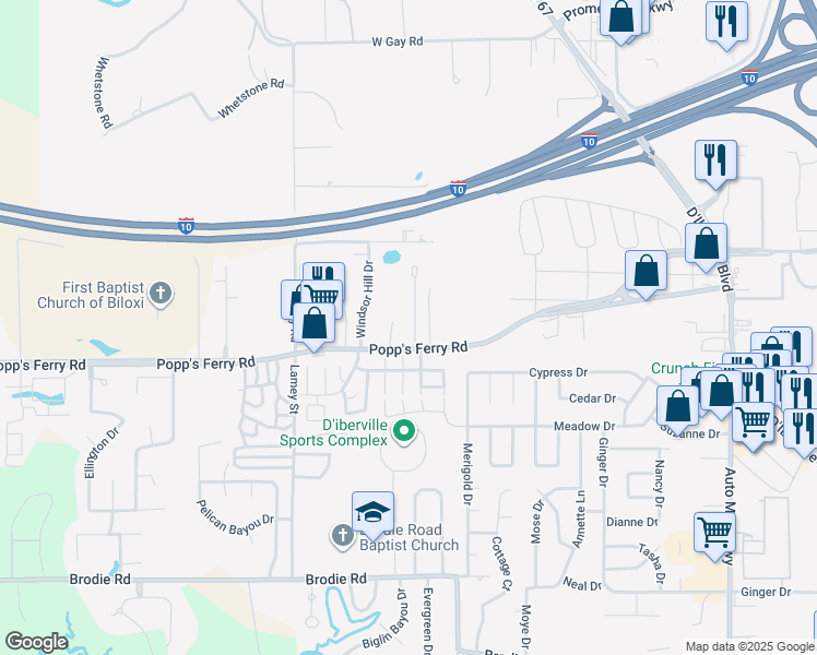 map of restaurants, bars, coffee shops, grocery stores, and more near 11047 Oakcrest Drive in D'Iberville