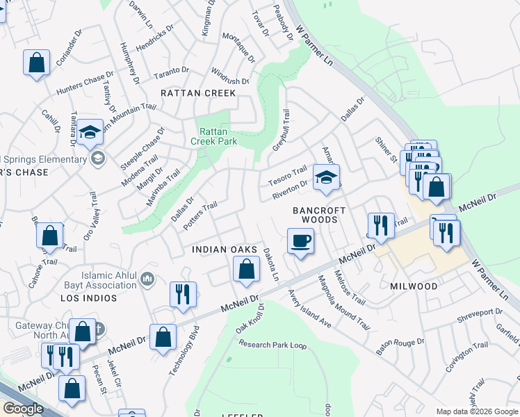 map of restaurants, bars, coffee shops, grocery stores, and more near 7012 Bancroft Woods Drive in Austin