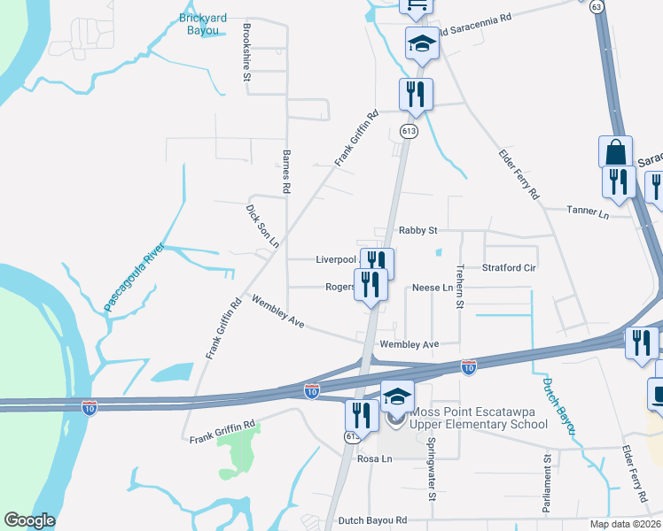 map of restaurants, bars, coffee shops, grocery stores, and more near 3812 Liverpool Avenue in Moss Point