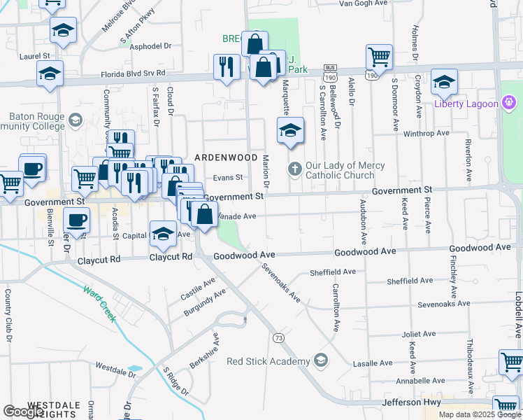 map of restaurants, bars, coffee shops, grocery stores, and more near 6185 Esplanade Avenue in Baton Rouge