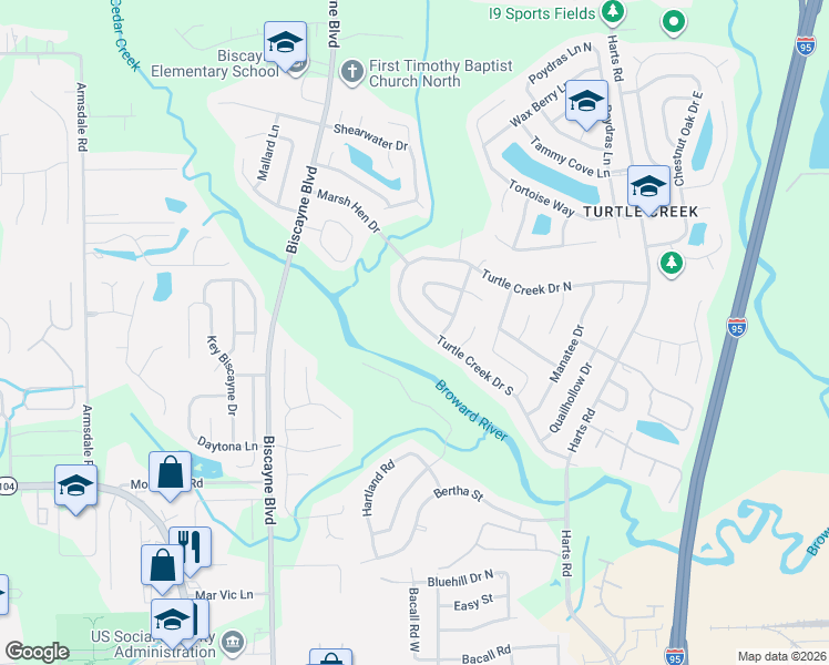 map of restaurants, bars, coffee shops, grocery stores, and more near 1216 Turtle Creek Drive South in Jacksonville