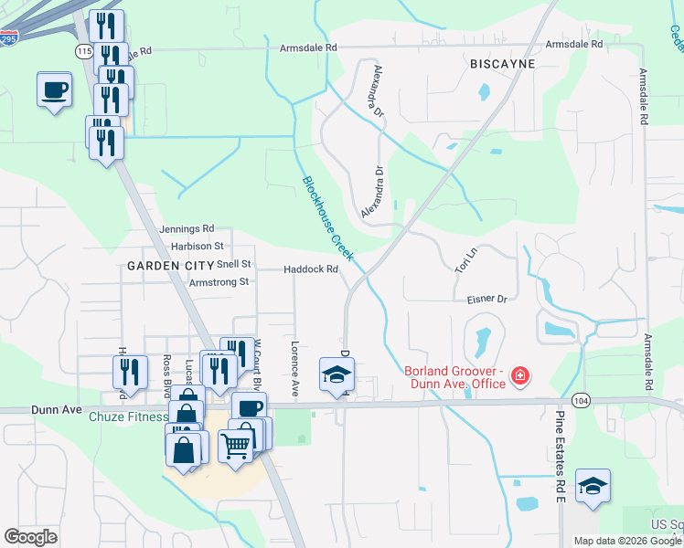 map of restaurants, bars, coffee shops, grocery stores, and more near 11466 Duval Road in Jacksonville