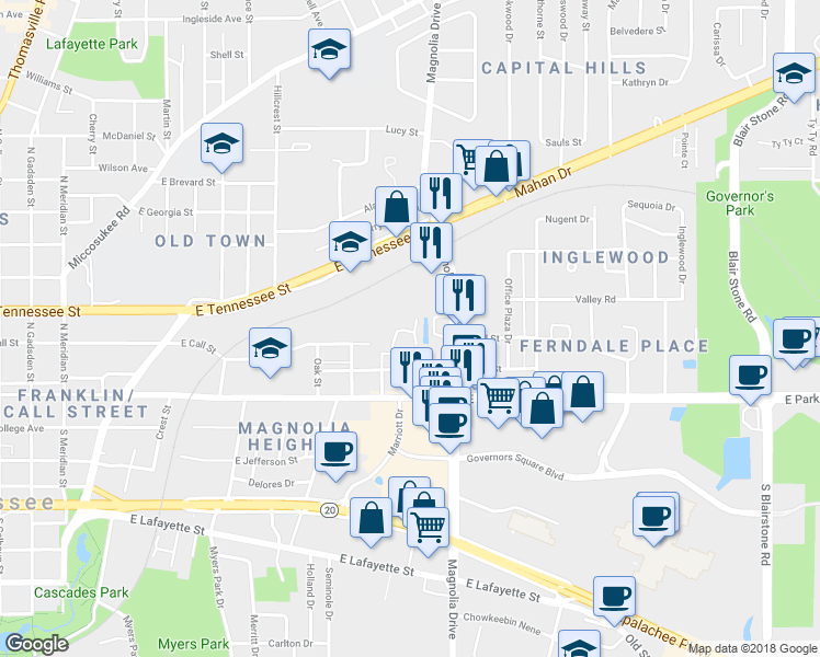 map of restaurants, bars, coffee shops, grocery stores, and more near 311 Vantage Point Lane in Tallahassee