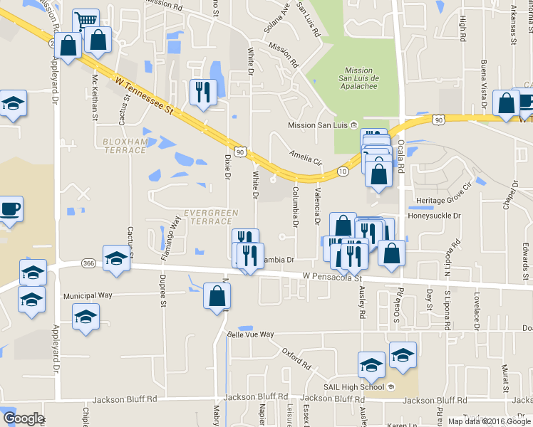 map of restaurants, bars, coffee shops, grocery stores, and more near 217 White Drive in Tallahassee