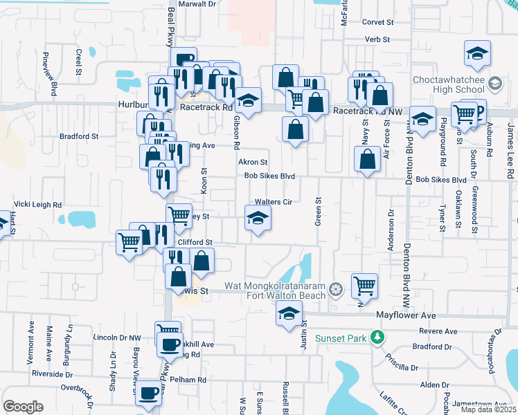 map of restaurants, bars, coffee shops, grocery stores, and more near 406 Walter Circle in Fort Walton Beach