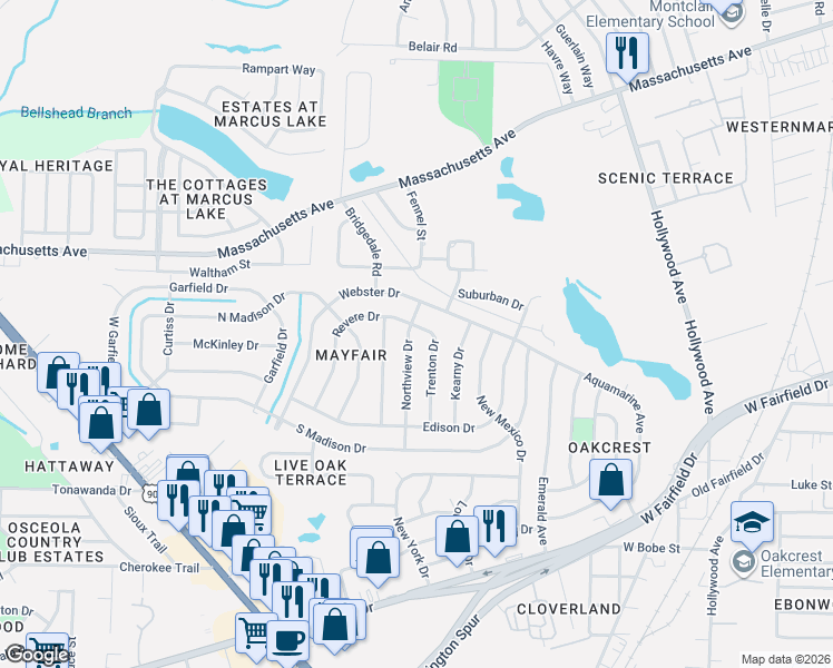 map of restaurants, bars, coffee shops, grocery stores, and more near 1025 Trenton Drive in Pensacola