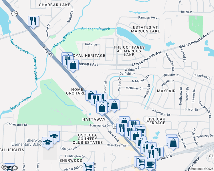 map of restaurants, bars, coffee shops, grocery stores, and more near 121 Garfield Drive in Pensacola