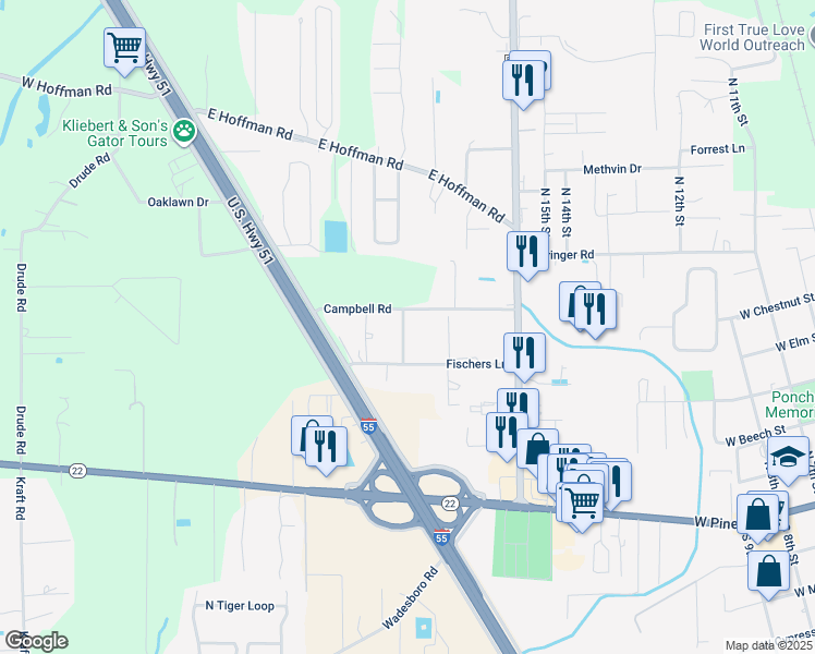 map of restaurants, bars, coffee shops, grocery stores, and more near 40216 Hendrix Lane in Ponchatoula