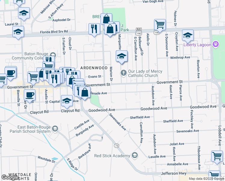 map of restaurants, bars, coffee shops, grocery stores, and more near 6185 Esplanade Avenue in Baton Rouge