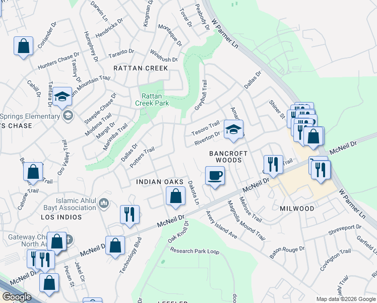 map of restaurants, bars, coffee shops, grocery stores, and more near 7012 Bancroft Woods Drive in Austin