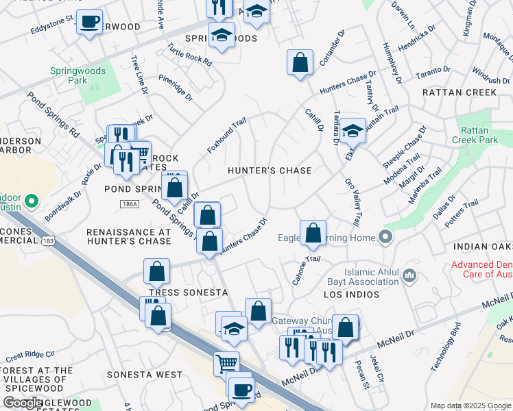 map of restaurants, bars, coffee shops, grocery stores, and more near 12301 Deer Falls Drive in Austin
