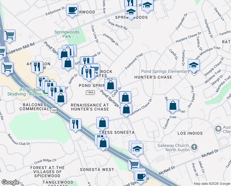 map of restaurants, bars, coffee shops, grocery stores, and more near 8519 Cahill Drive in Austin