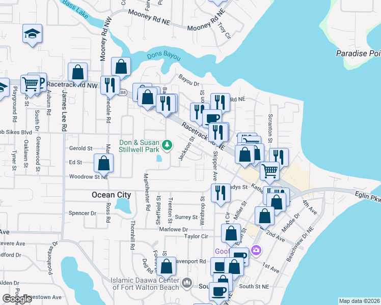 map of restaurants, bars, coffee shops, grocery stores, and more near 21 Julie Street in Fort Walton Beach