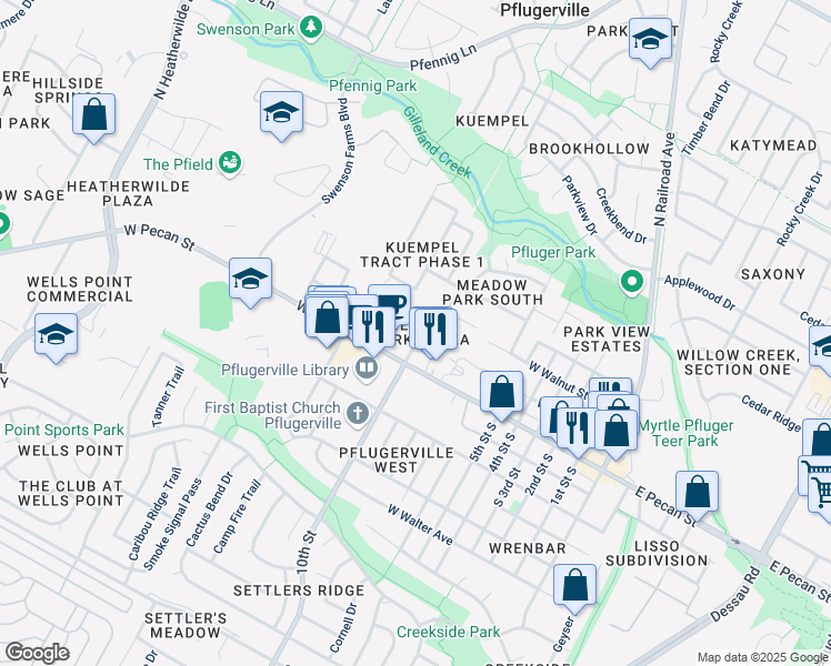 map of restaurants, bars, coffee shops, grocery stores, and more near 200 Meadow Lane in Pflugerville