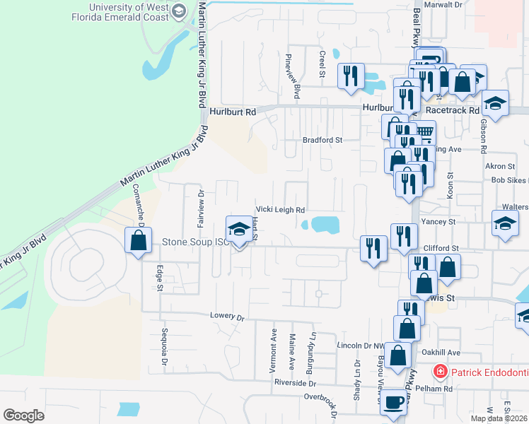 map of restaurants, bars, coffee shops, grocery stores, and more near 239 Vicki Leigh Road in Fort Walton Beach