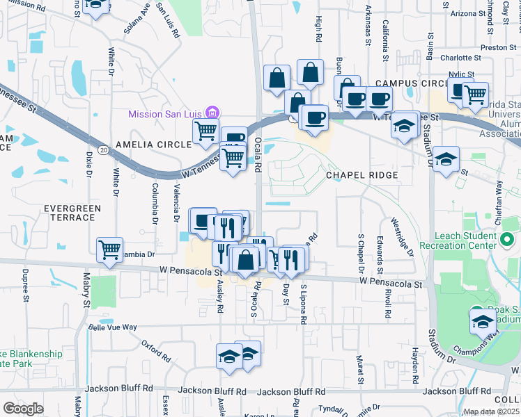 map of restaurants, bars, coffee shops, grocery stores, and more near 235 North Ocala Road in Tallahassee