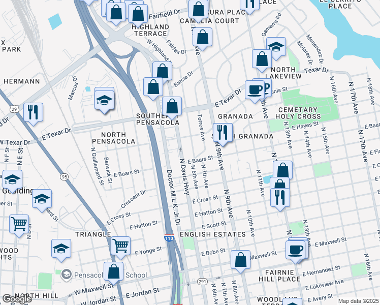 map of restaurants, bars, coffee shops, grocery stores, and more near 3005 North 6th Avenue in Pensacola