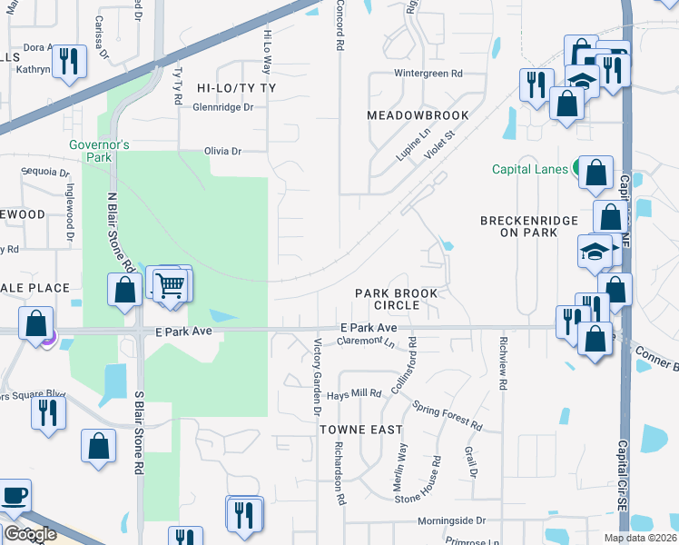 map of restaurants, bars, coffee shops, grocery stores, and more near 2134 Victory Garden Ln in Tallahassee